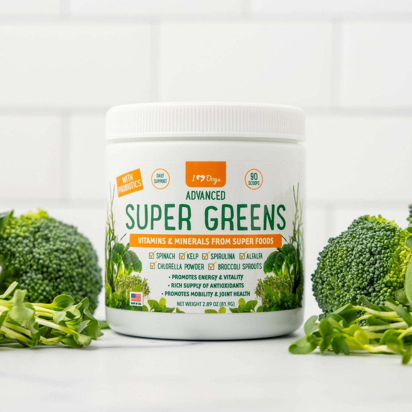 Super-Greens: Vitamin, Mineral & Probiotic Supplement for Dogs with Spirulina, Kelp, Green Tea, Spinach, Chlorella, & Brocolli Sprouts - 90 Scoops -Faire