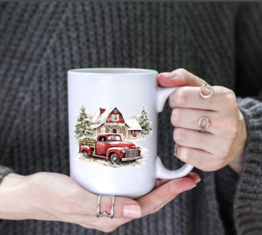 Red Truck Christmas Farmhouse Holiday 15oz Coffee Mug