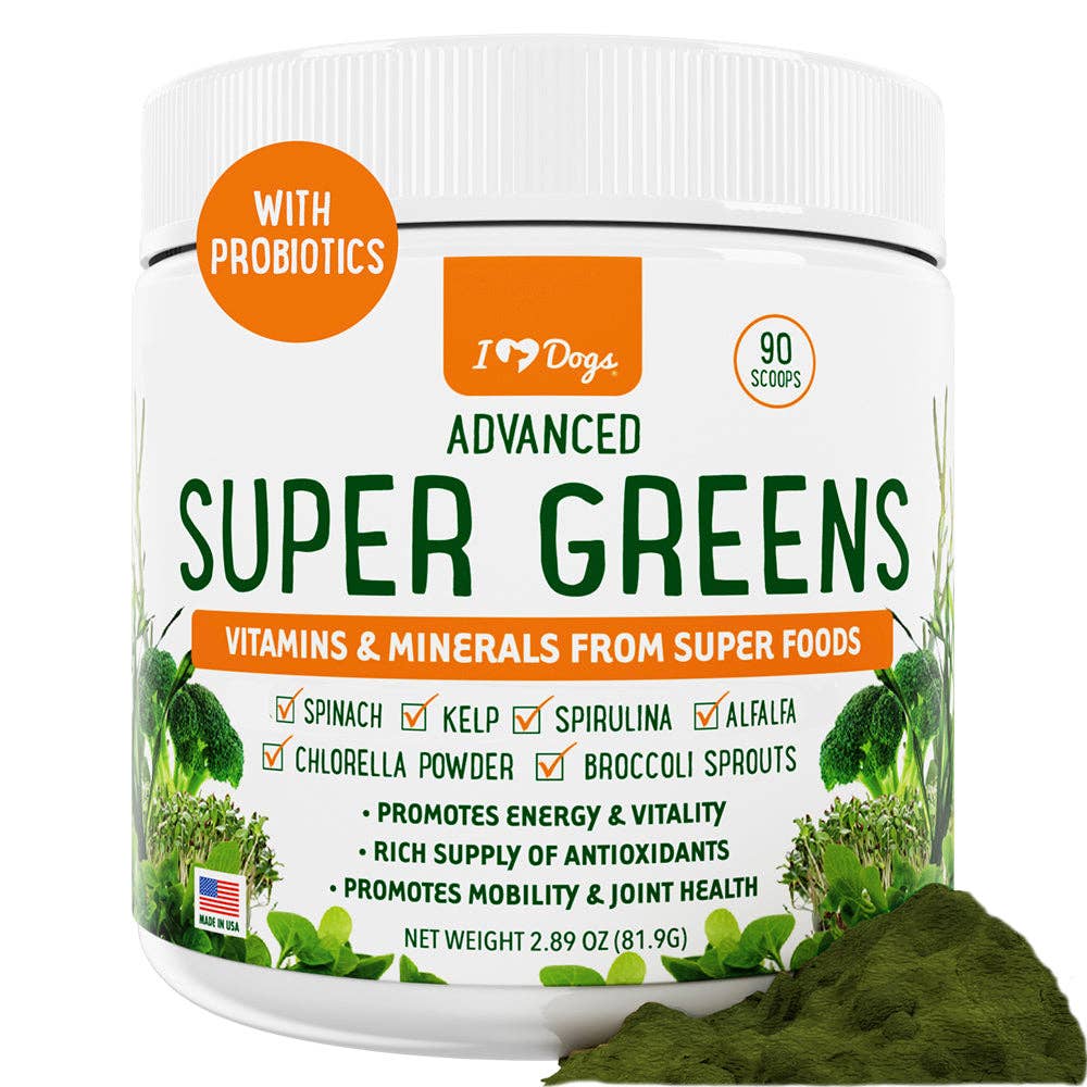 Super-Greens: Vitamin, Mineral & Probiotic Supplement for Dogs with Spirulina, Kelp, Green Tea, Spinach, Chlorella, & Brocolli Sprouts - 90 Scoops -Faire