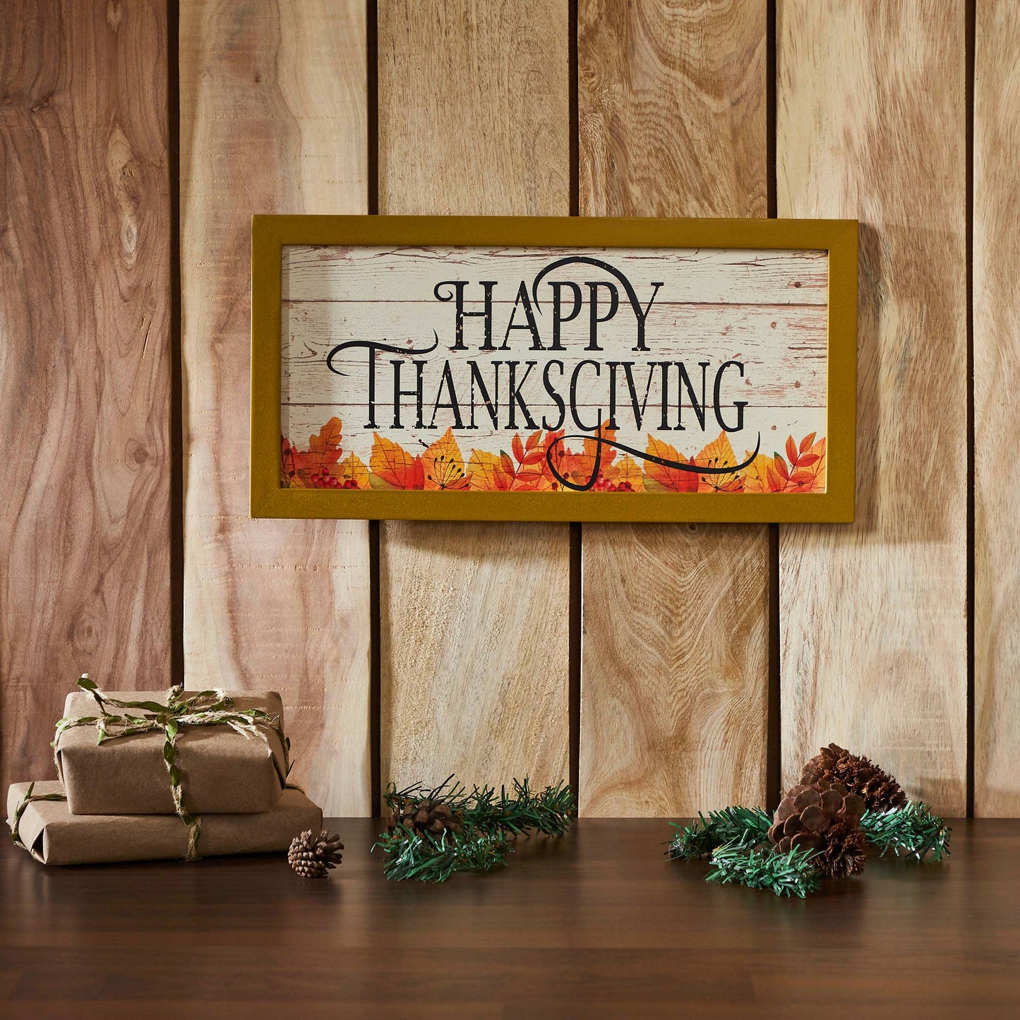 Shiplap Happy Thanksgiving Fall Leaves Wall Sign